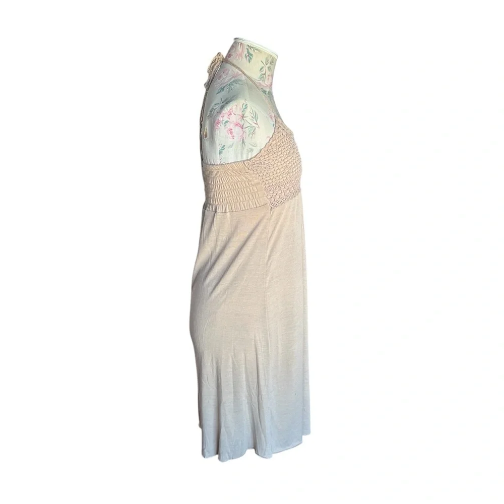 Venus Woman’s Smocked Halter Top Tie Back Mini Dress in Beige size S - Picture 2 of 6